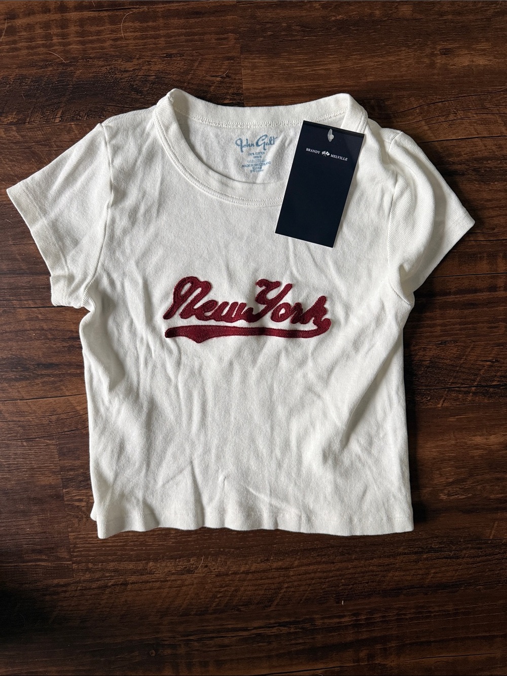 Brandy Melville White Tee with Maroon "New York" Embroidery